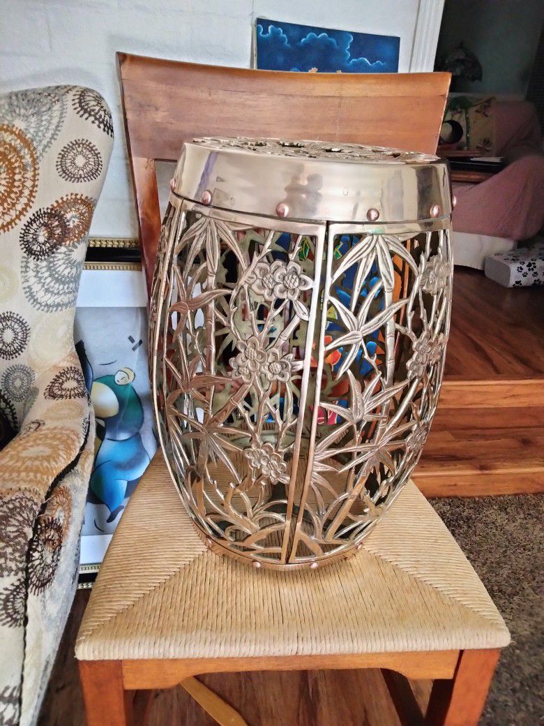 JAPANESE SOLID BRASS POLISHED DRUM GARDEN STOOL OR PLANT STAND