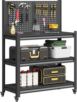 K428 $60  Workbench with Pegboard, Adjustable Heavy Duty Work Table with Wheels, Heavy Duty Workstation, Metal Tool Work Bench for Garage Warehouse Wo