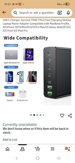 USB C Charger. Sacrack 170W 7 Port Fast Charging Station