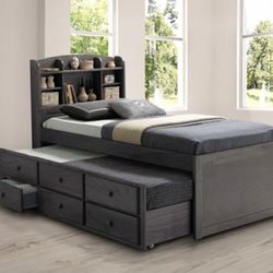 Brand New Grey Twin Size Captain w Trundle Bed + Drawers 