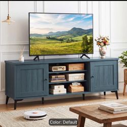 Blue Wood TV Stand with Cabinets and Shelves