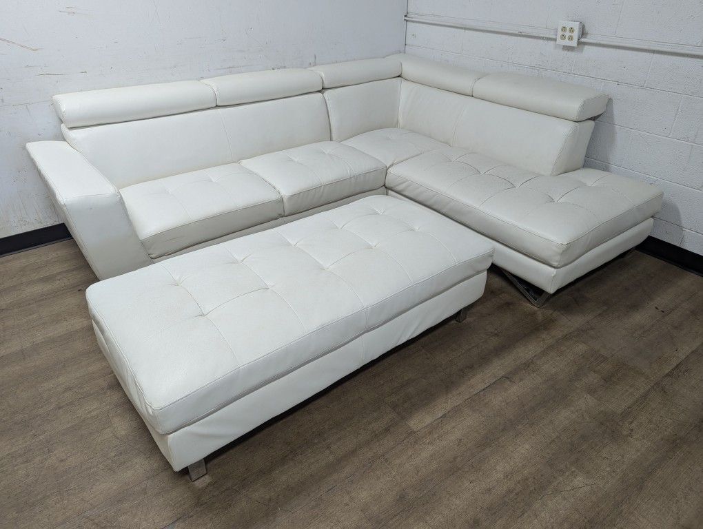 Free Delivery! Cream Leather Sectional Couch With Ottoman 
