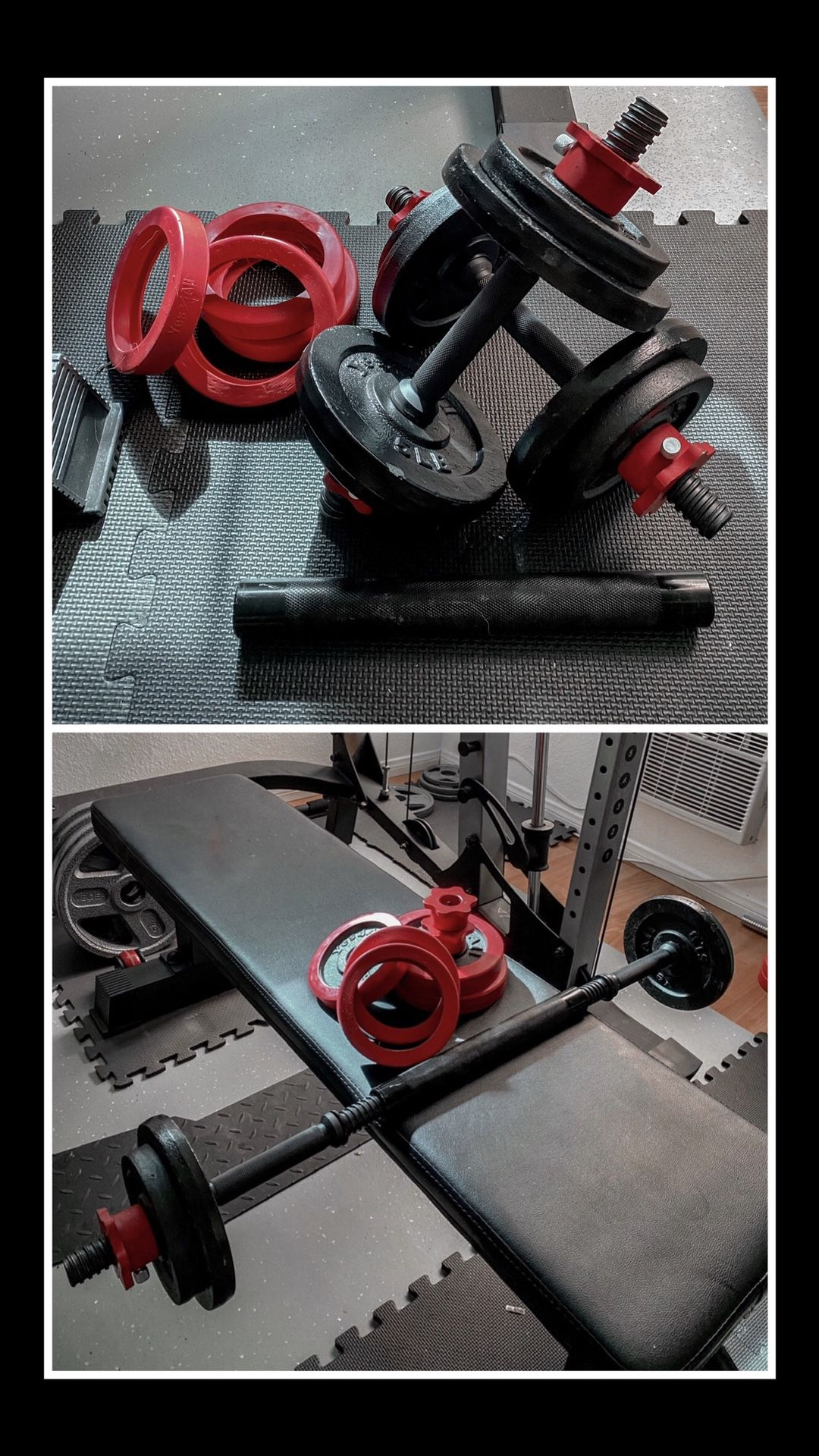 Brand new in box adjustable all solid steel 40 lb ldumbbells with bar barbell connector (not negotiable)