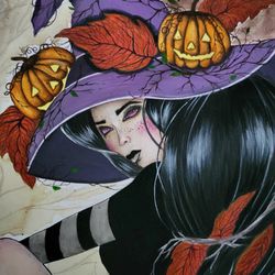 Witch, Halloween, Autumn, Freebie, Fall, Black Cat, Art, jack o'lantern, Pumpkins, cauldron, Art Print Thumbnail