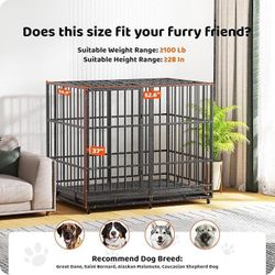 54 Inch Heavy Duty Dog Crate, Escape-Proof Indestructible Dog Kennel for High Anxiety Large Dogs, Double Doors Strong Carbon Steel Metal Cage with Loc