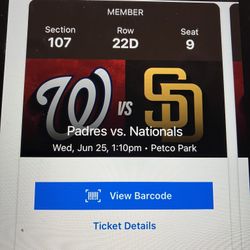 2 PADRES/ NATIONALS TICKETS,  WEDNESDAY, JUNE 25, SEC 107, ROW 22D