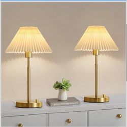 Bedside Table Lamp Set of 2: Dimmable Nightstand Bedside Lamps with USB A and C Ports, Modern Metal and Pleated Fabric Shade Gold Desk Lamp for Home O