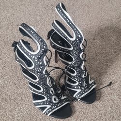 Angelei Black White Leather Cutout Lace Up Stiletto Sandals Womens Size 9