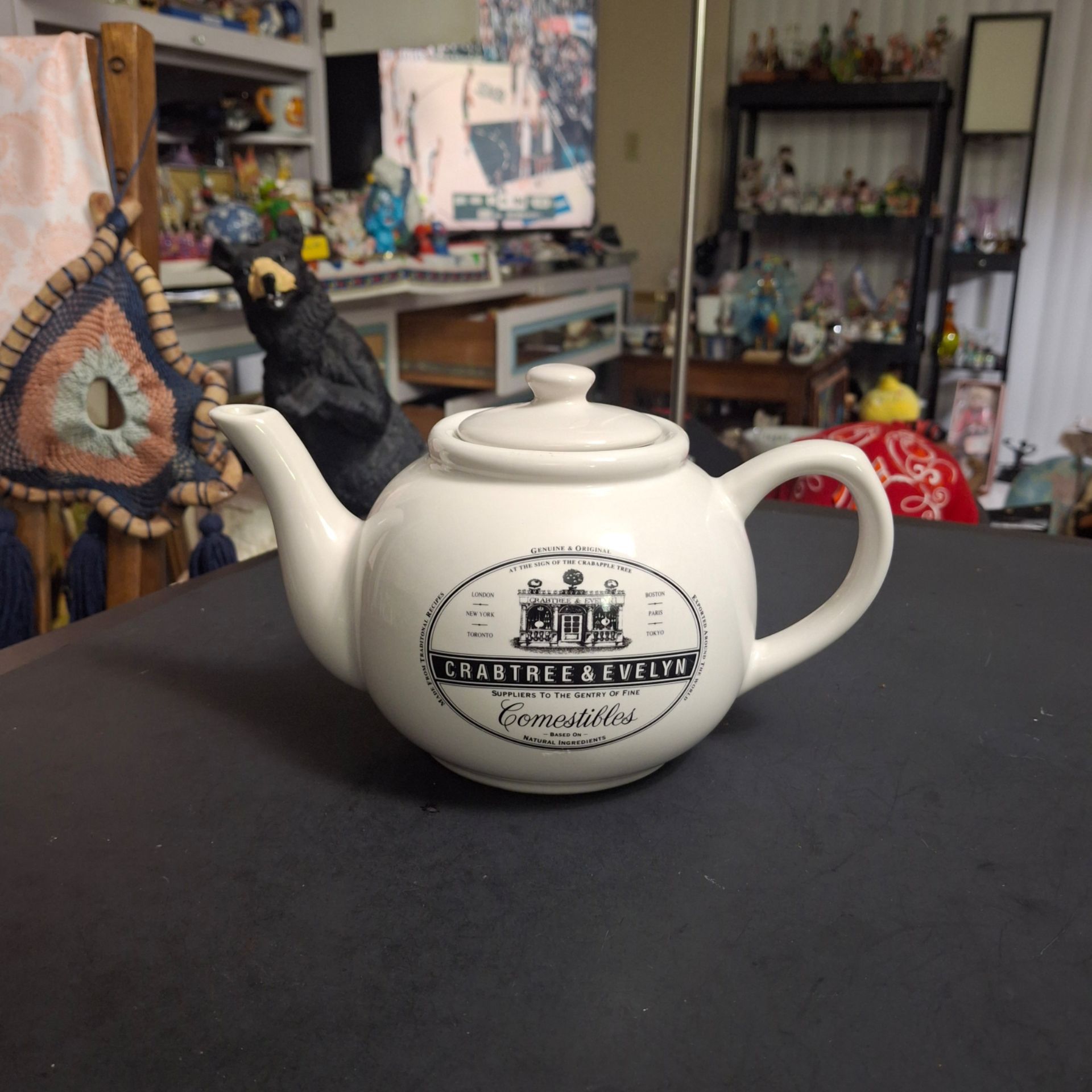 Crabtree & Evelyn Comestibles Vintage Teapot In Off White Porcelain With Black Lettering-Holds 4 Cups 5.25"H x 9.25"W