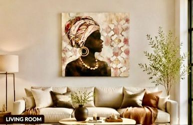 African Woman 3D Beaded Canvas Wall Art 18x18 Hand Embellished Textured Portrait