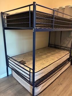 Navy Blue Metal Bunk Bed with Trundle
