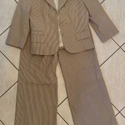 Ann Taylor LOFT 2pc Suit Tan White Striped Blazer Jacket & Wide Leg Pants Size 4