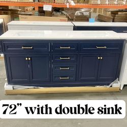 Clearance!!! 72” Solid Wood Bathroom Vanity Cabinet with Stone Countertop (Open Box)