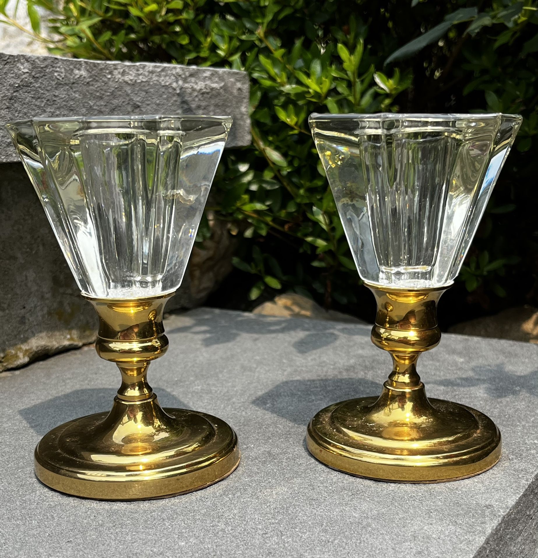 Vintage brass candle holders with glass shades