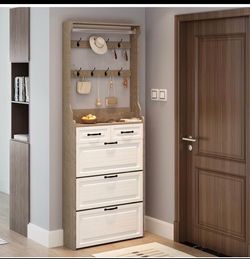 1) Hall Tree with Shoe Storage Cabinet and Coat Rack Slim Entryway Hall Tree with 3 Flip Drawers and 2 Storage Drawers for Narrow Halls and Mudroom Wh