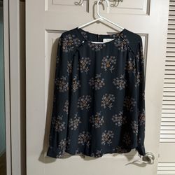 Ann Taylor Loft Women's Size Medium Tunic Blouse Black Floral Long Sleeve 