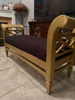 Gold Wood Bench with Dark Upholstered Cushion