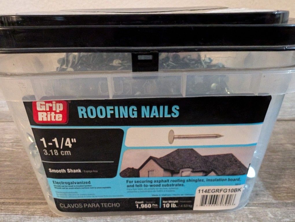 Roofing Nails 1-1/4" - 10 Lbs, 1960 Pieces By Grip Rite !New!