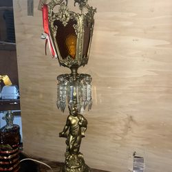 Antique Metal & Glass Cherub Lamp