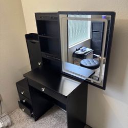 4 Drawer Makeup Vanity desk set with 3 setting LED lights and a stool seat