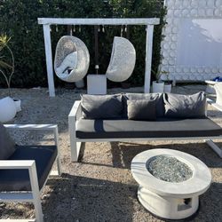 Outdoor Patio Aluminum Sofa Set With Propane Fire Pit With Fire Glass