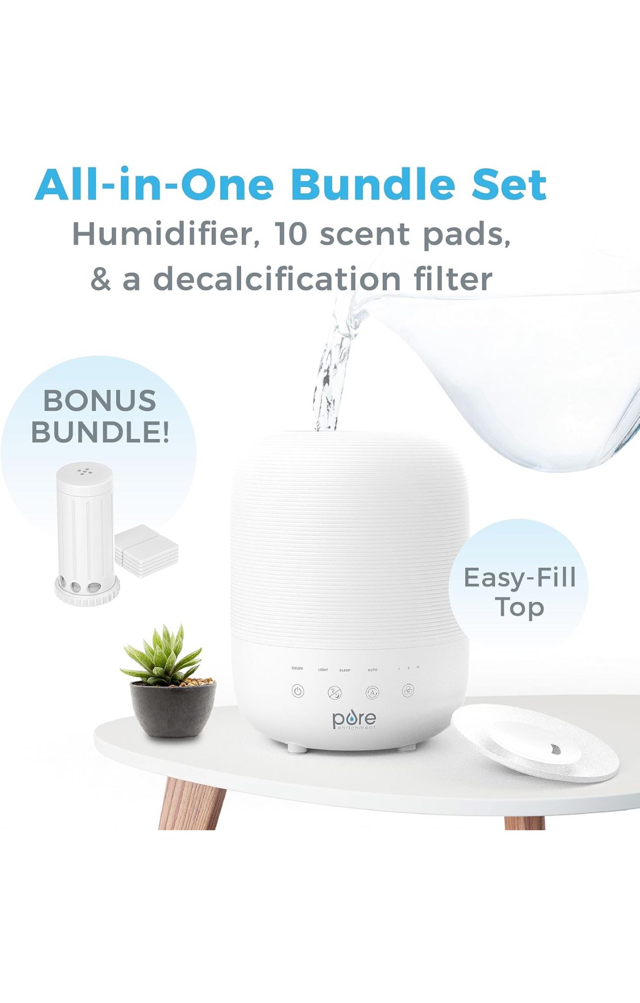 Pure Enrichment® HUME™ Sense Top-Fill Humidifier Bundle - 1 Ultrasonic Cool Mist Humidifier, 1 Decalcification Filter & 10 Scent Pads for Large Rooms 