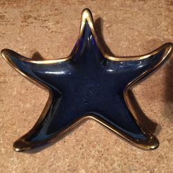 Spanco Cobalt Glass Starfish Shaped Decorative Trinket Dish Gold Rim