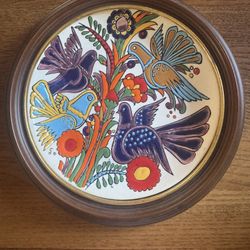 Vintage Keramik Nassos Rodos Hellas Colorful Parrot Bird Plate Greek Gold Rim