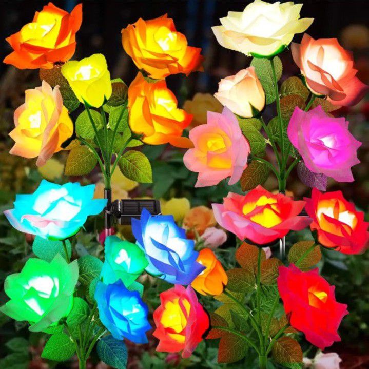 4 Pack Solar Garden Lights, Solar Flower Lights Outdoor Waterproof with 20 Head Rose 7-Color Changing Landscape Lights 