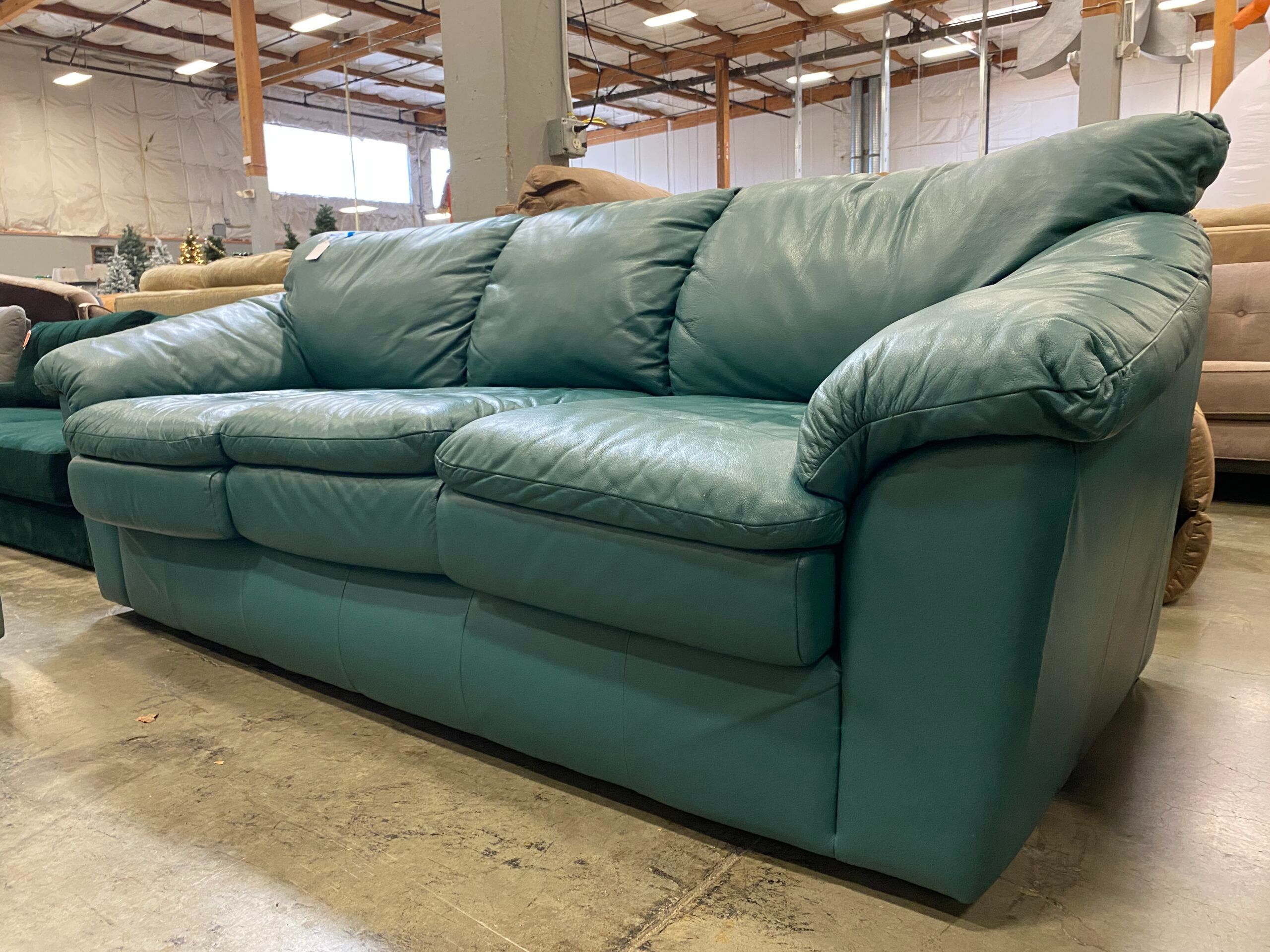 Teal Leather 3 Seat Plush Made in Canada Sofa