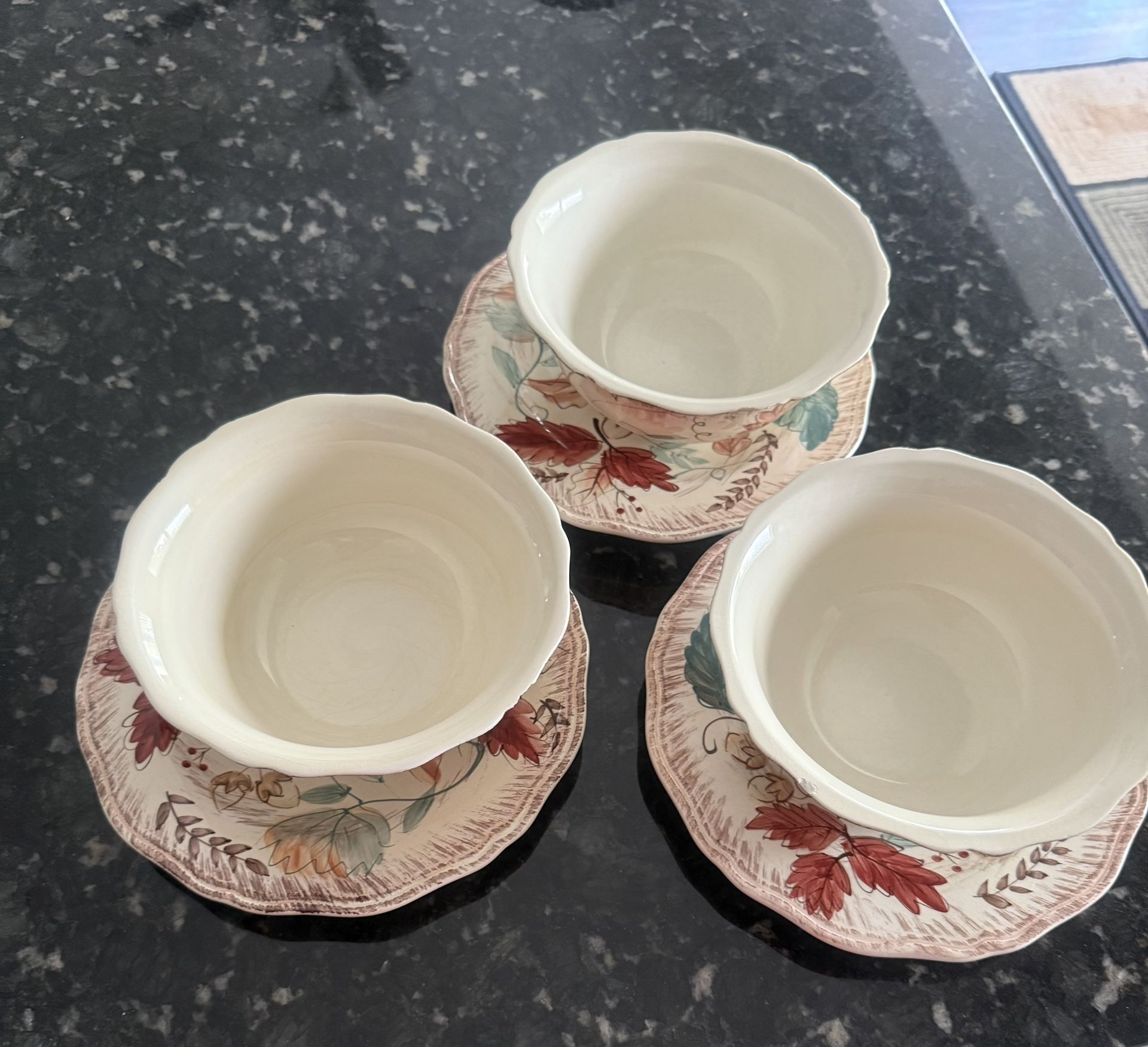 Set Of Three Leaf Bowls And Saucers