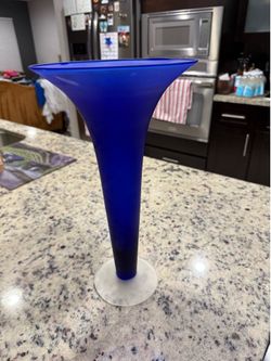 Vintage MCM 15” Hand Blown Cobalt Blue Trumpet Vase Frosted Satin Glass Base