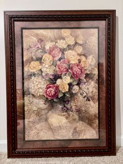 Floral painting in glass and wooden frame 38 x 28.5