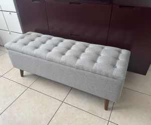 SALE Gray Textured Storage Bench Modern with Button Tufting Wood Legs
