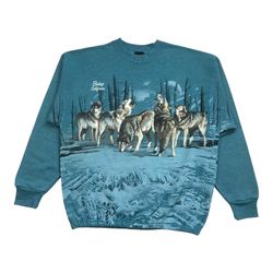 VINTAGE WOLF SWEATSHIRT XL MENS CREWNECK PULLOVER AOP NATURE OUTDOORS WOLVES USA
