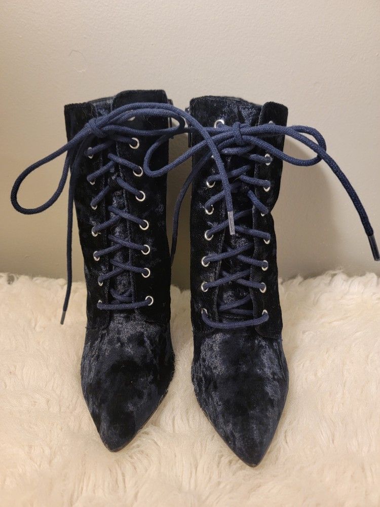 Brand New Justfab Navy Blue Velvet Lace Up 4.5 High Heel Boots Size 6