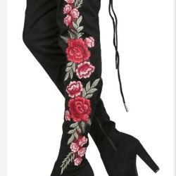  Faux Suede Thigh High Embroidered Drawstring Heel Boot

 size 6 1/2