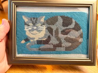 Framed Cat Needlepoint Cross Stitch Art 4x6