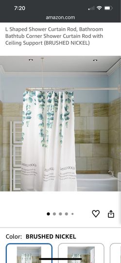 L Shaped Shower Curtain Rod Brushed Nickel with Ceiling Support