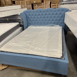 Blue Tufted Queen Bed Frame With Headboard (1/31) Marco De Cama Queen Con Mechones Azules Con Cabecero