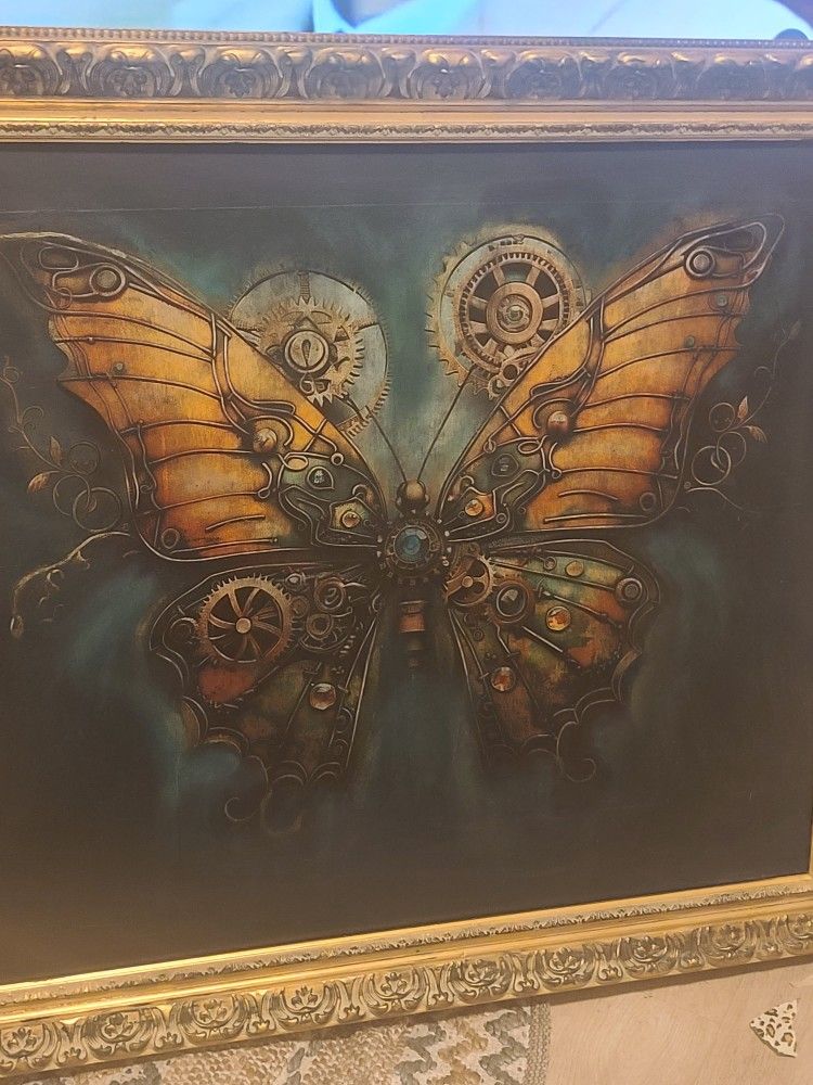 Huge BUTTERLY PICTURE IN ANTIQUE FRAME
