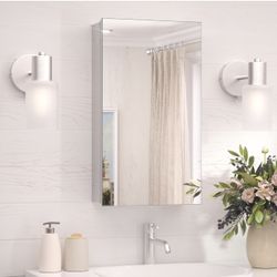 TokeShimi 14x24 Bathroom Mirror with Storage Tempered, Aluminum Silver Recessed Medicine Cabinet with Mirror Frameless Stepless Adjustable Shelf, Surf