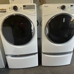 FRONTLOADER WHIRLPOOL SET WITH GAS STEAM DRYER ON PEDESTAL DRAWERS CAN DELIVER SO MANY OPTIONS TOO MANY TO LIST 
