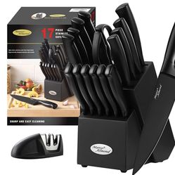 Kitchen Knife Set Dishwasher Safe MA23 Black Knife Set, Marco Almond® 17 Pieces Stainless Steel Kitchen Knife Sets with Block and Sharpener