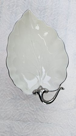 Lenox Porcelain Ivory & Silver Leaf Shaped Trinket Candy Nut Dish Woodleaf 