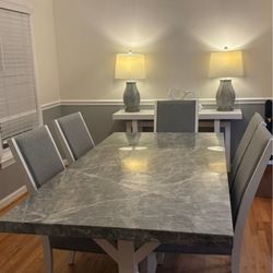 Sofia 7 Piece White & Gray Marble Upholstered Dining Set
