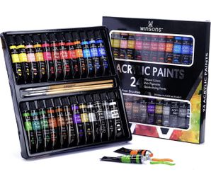 Acrylic Paint Set 24 Colors Pack of 12mL and 3 Brushes Art Supplies Painting for Canvas, Fabric, Plastic, Clay Craft Paint for Kids Beginners Adults.