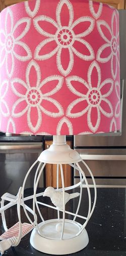 White Birdcage Table Lamp with Pink Floral Shade