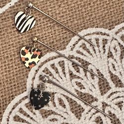 3 Steel Silver Tone Heart Dangle Print Charm Hijab Pins - Zebra, Cheetah, Stars