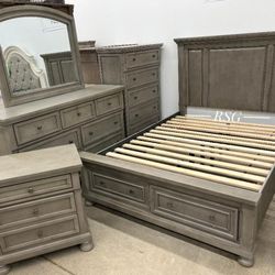 Lettner Light Gray Panel Bedroom Furniture Set ✨ Bed Frame Queen/King , Dresser, Mirror, Nightstand, Chest, Mattress Fast Delivery ⭐$39 Down Payment w